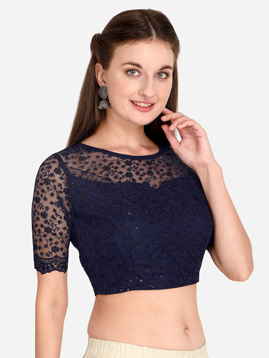 Beautiful Navy Blue Color Embroidered & Sequence Work Net Blouse