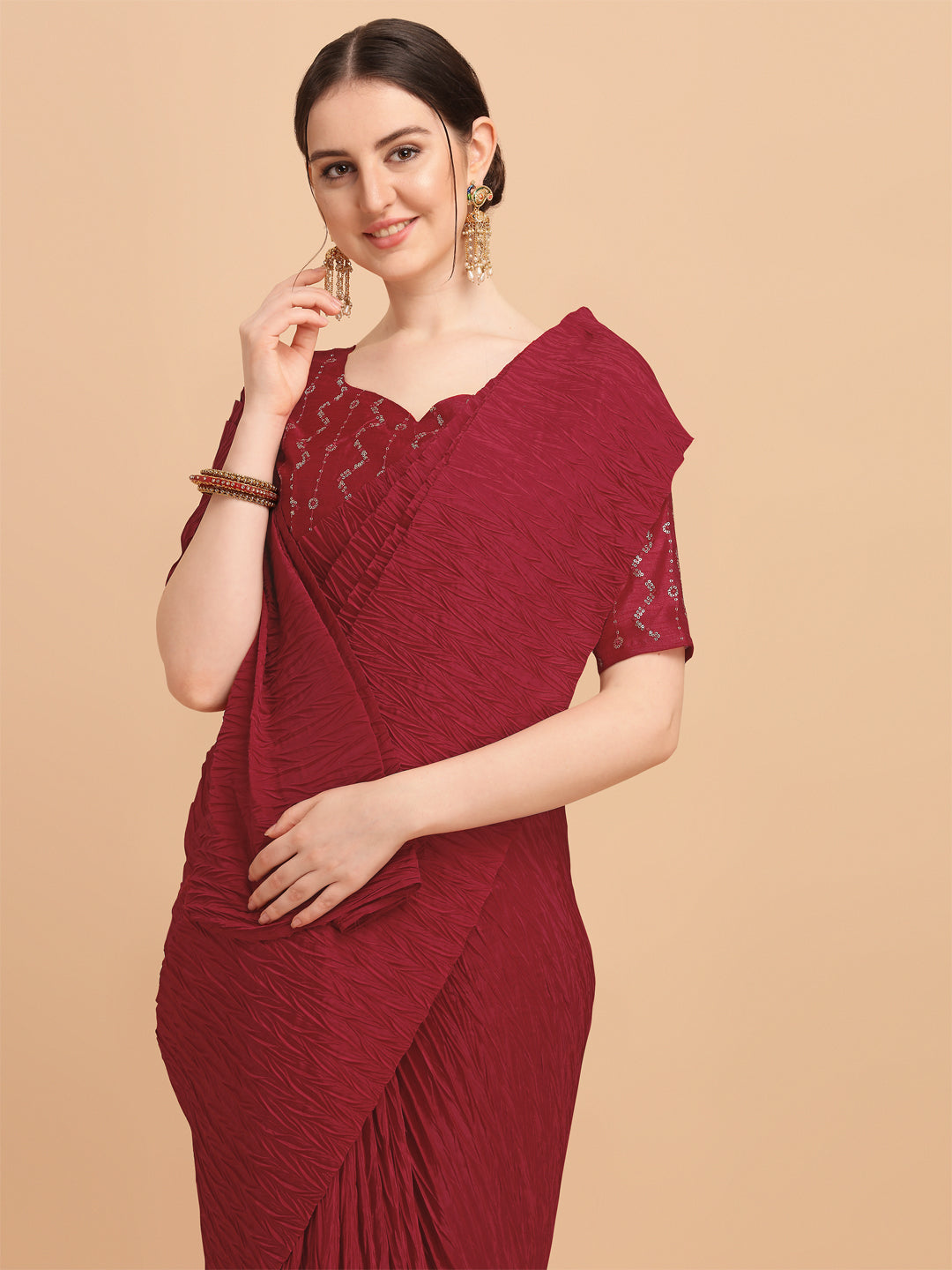 Red Color Pleated Saree With Sequence Blouse