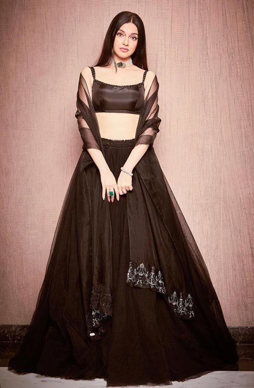 Bollywood Style Divya Khosla Kumar Wear Black Color Designer Organza Lehenga
