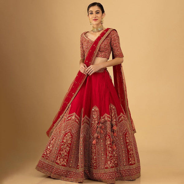 Function Wear Embroidery With Sequence Red Color Designer Lehengha