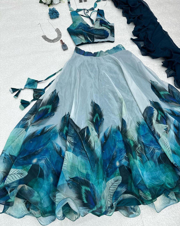 Designer Feather Print Sky Blue Color Organza Silk Lehenga Choli