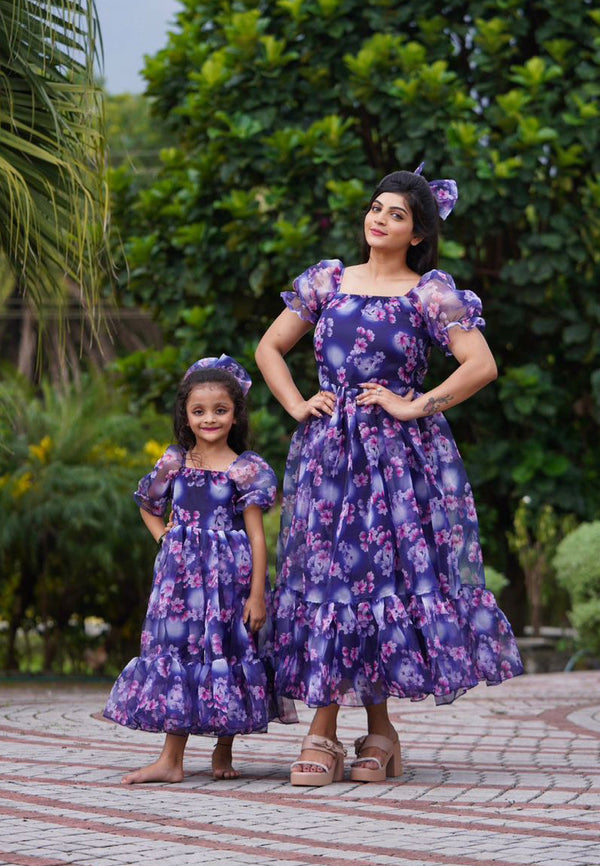 Ruffle Style Purple Color Flower Print Mother-daughter Dress