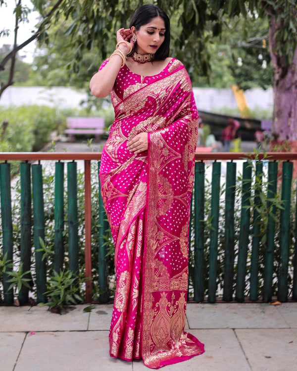 Trendy Zari Weaving Border Pink Color Pure Bandhani Saree