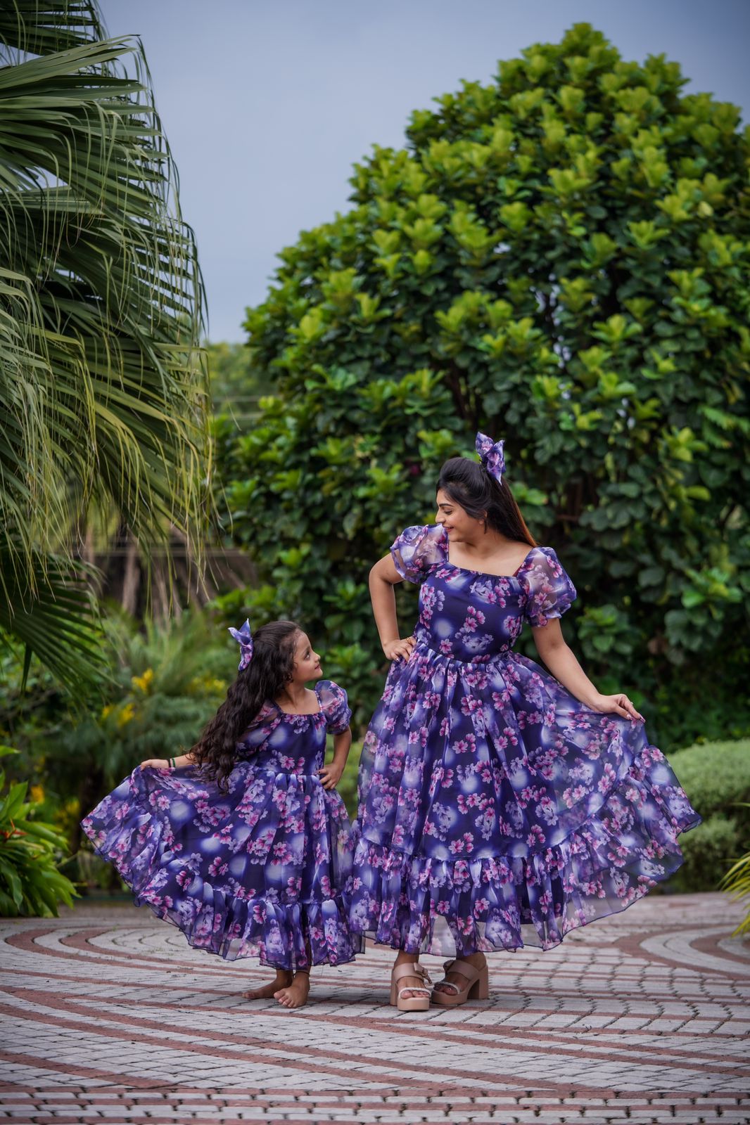Ruffle Style Purple Color Flower Print Mother-daughter Dress