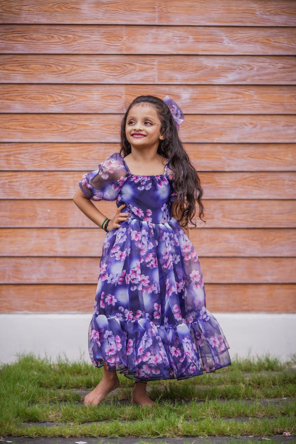 Awesome Flower Print Purple Color Girls Dress