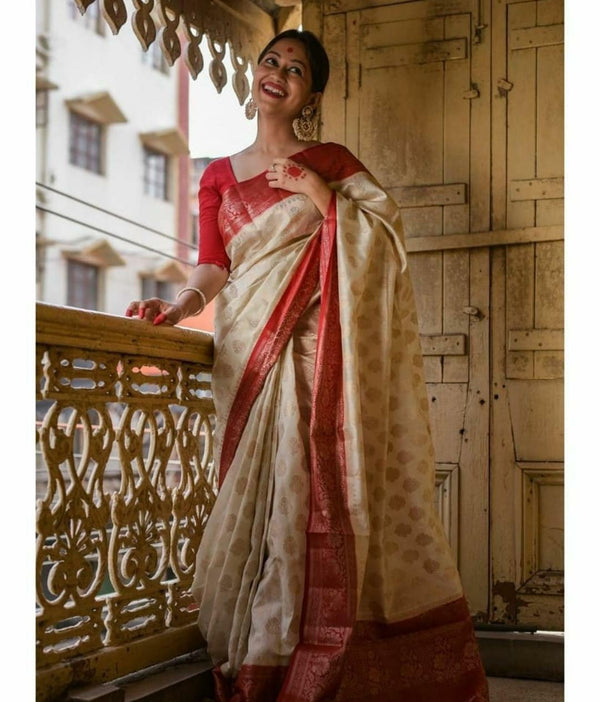 Stunning White With Red Color Soft Silk Saree