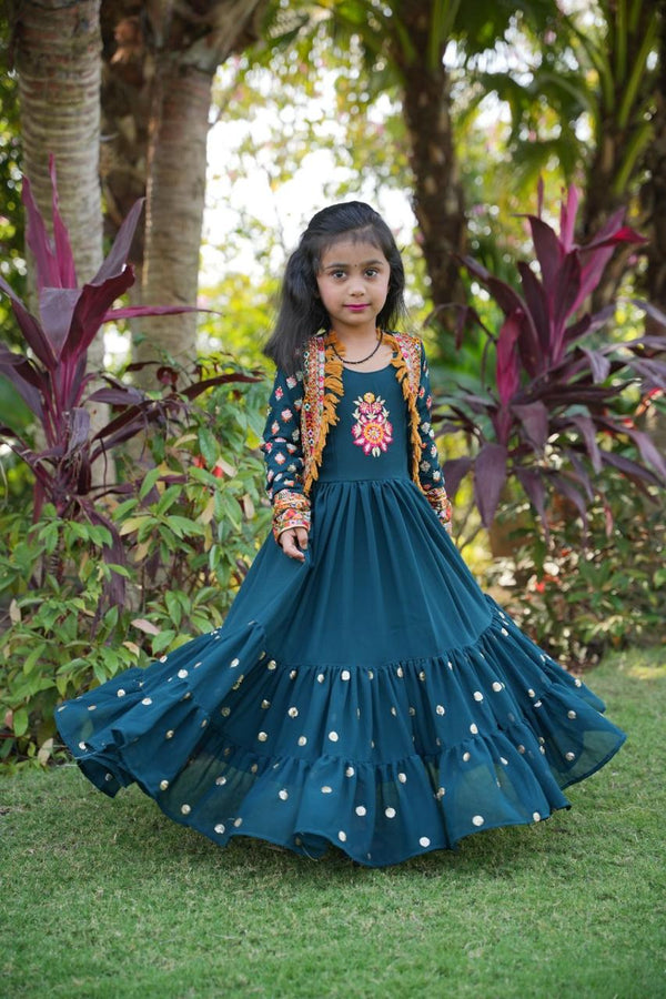 Teal Blue Color Ruffle Style Kids Gown With Koti