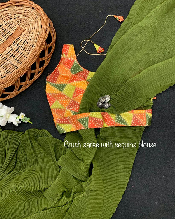 Stylish Parrot Green Color Pleated Saree With Multi Color Sequence Blouse