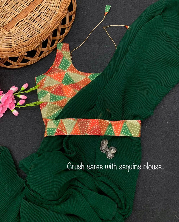 Stylish Dark Green Color Pleated Saree With Multi Color Sequence Blouse