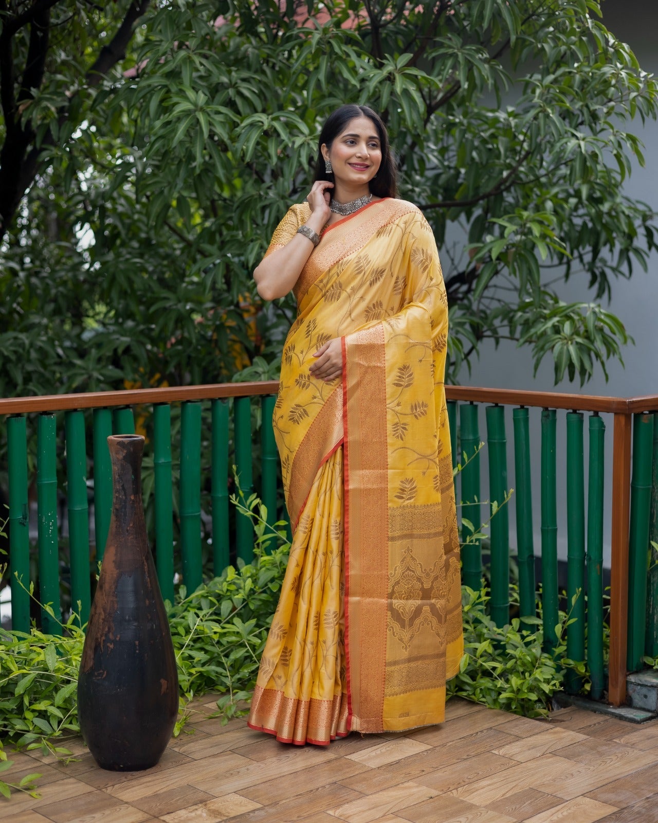 Kanjivaram Pattern Yellow Color Banarasi Silk Saree