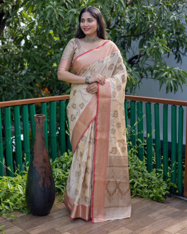 Kanjivaram Pattern Off White Color Banarasi Silk Saree
