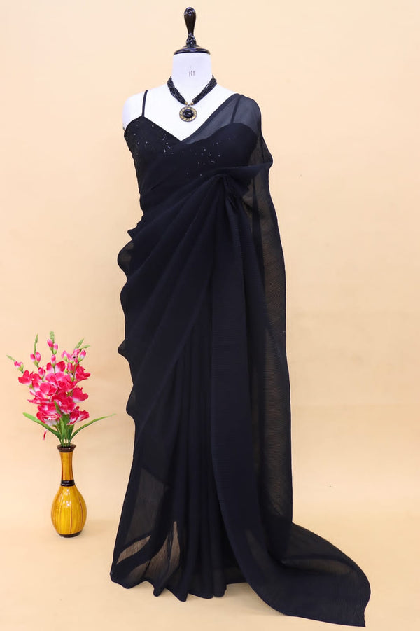 Plated Black Color Saree With Beautiful Work Blouse