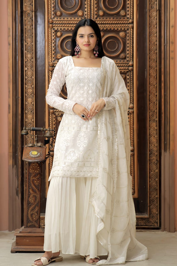Outstanding Thread Work White Color Designer Sharara Suit