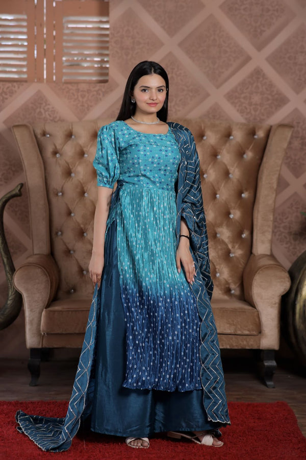 Crush Pleating  Sky Blue Color Shade Sharara Suit