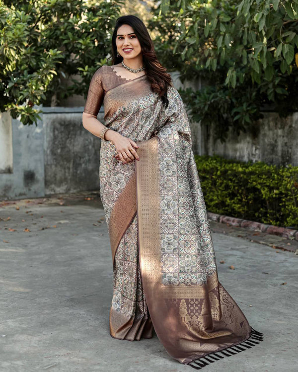 Rich Golden Weaving Print Brown Color Banarasi Saree