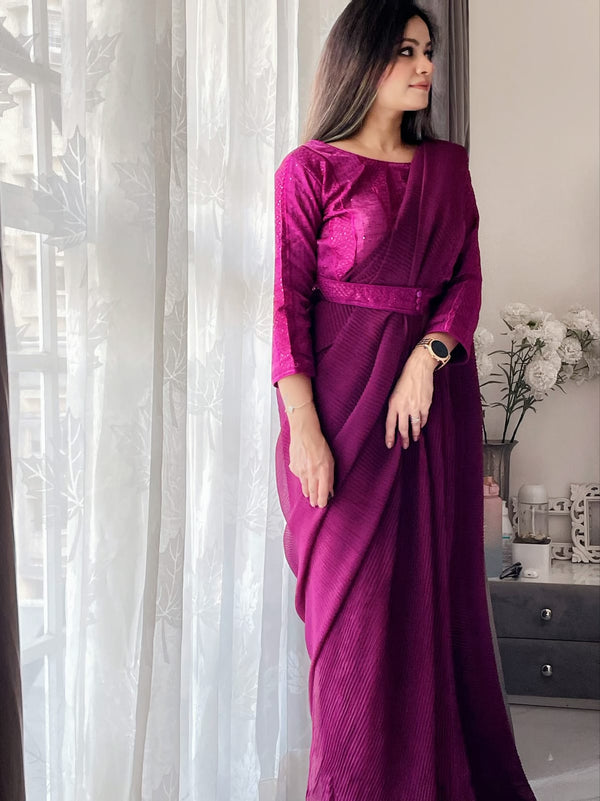 Wine Color Crushed Saree With Fancy Attached Belt Blouse