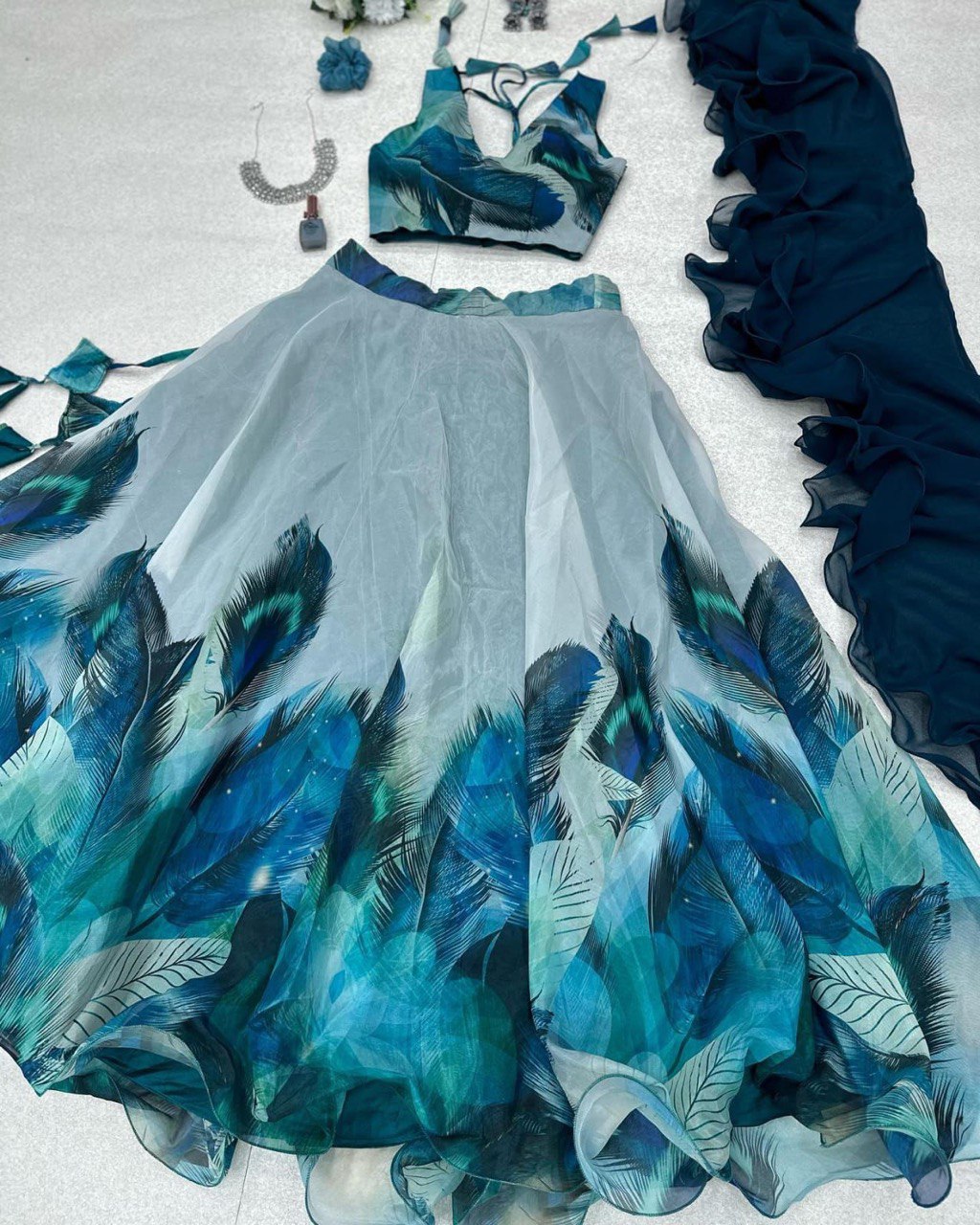 Designer Feather Print Sky Blue Color Organza Silk Lehenga Choli