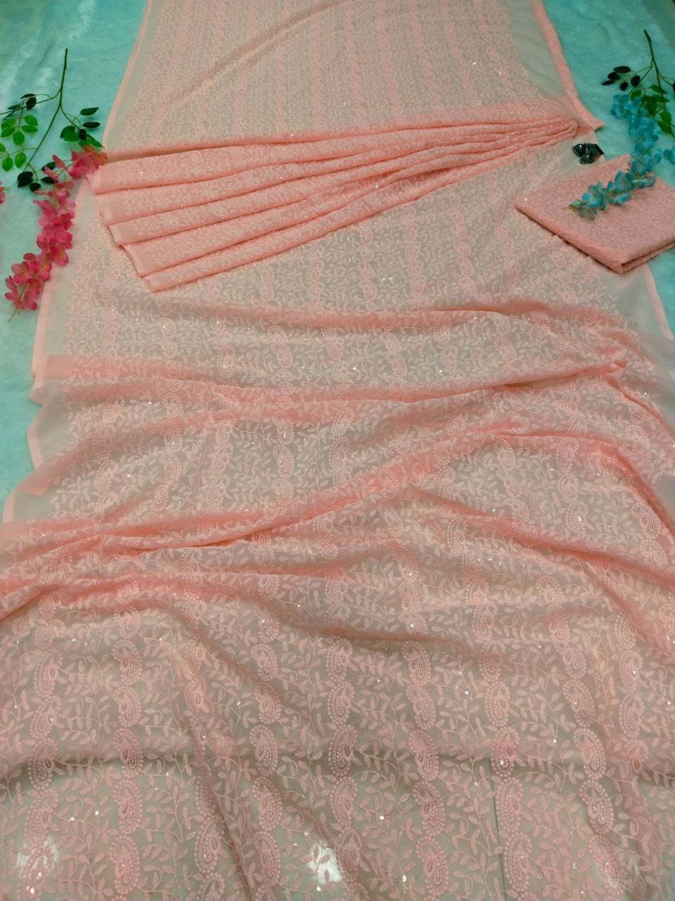 Chikankari Work Peach Color Ready To Wear Saree