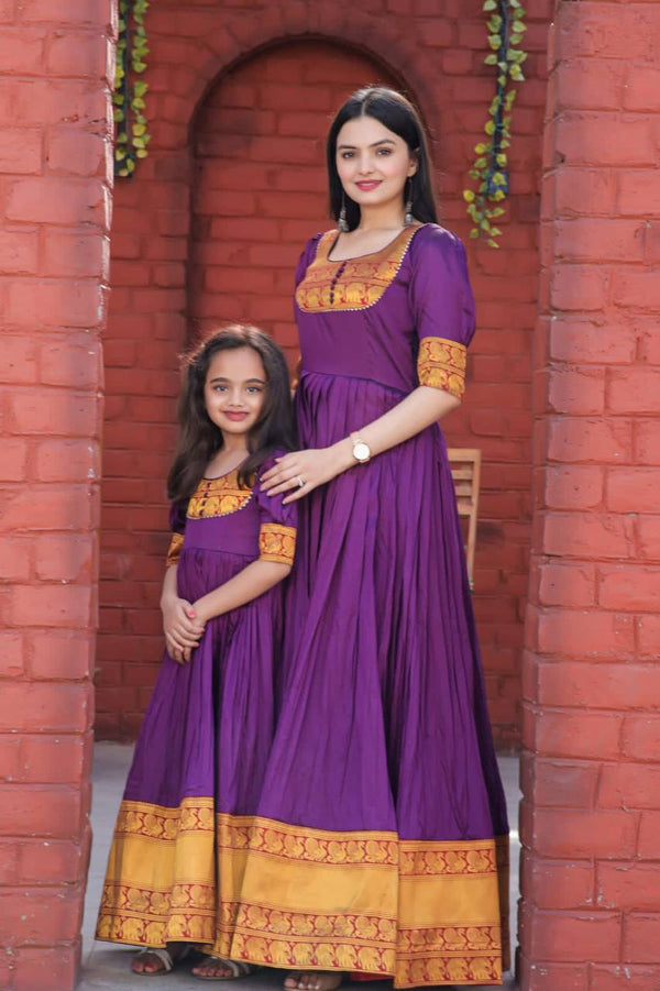 Elegant Purple Color Mother-Daughter Jacquard Work Gown