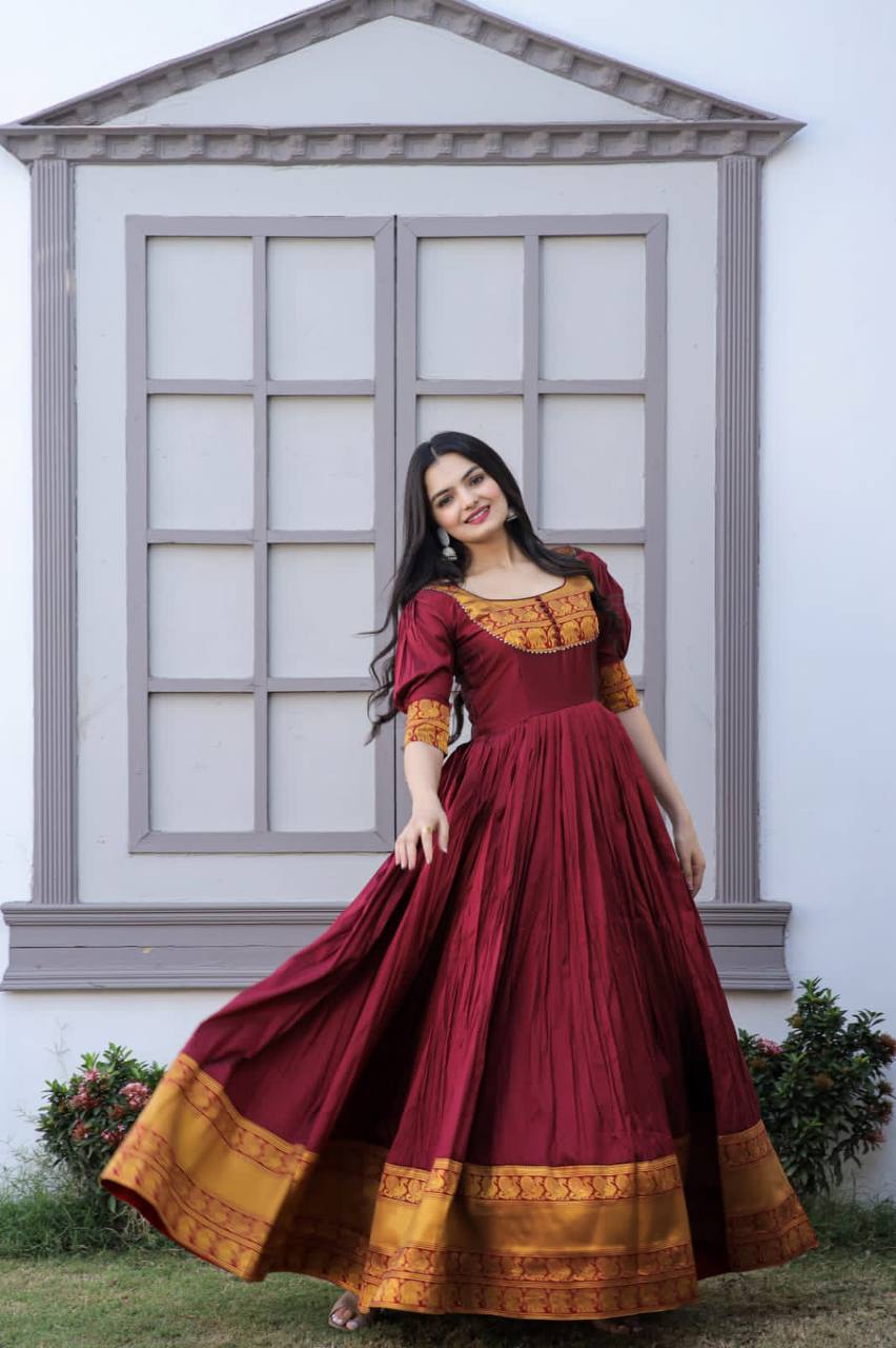 Jacquard Work Maroon Color Mother-Daughter Gown