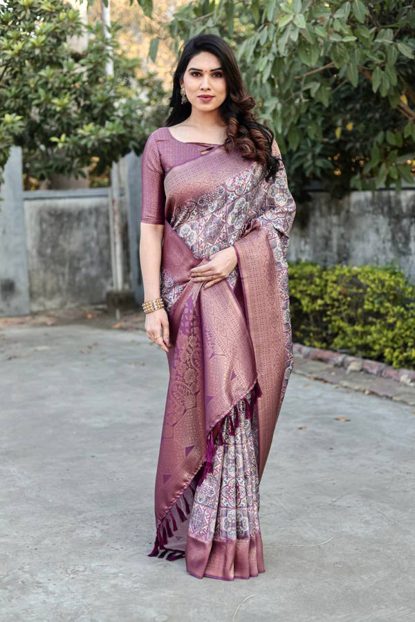 Rich Golden Weaving Print Purple Color Banarasi Saree