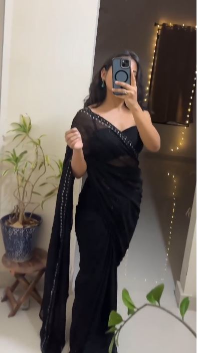 Black Color Sequence Work With Border Saree