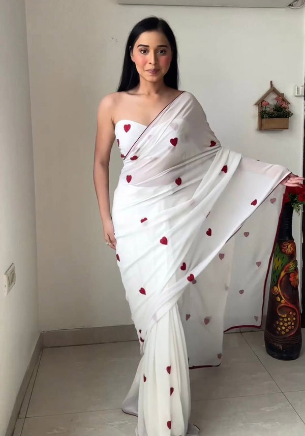 Sequence Heart Shape Work White Ready To Wear Saree