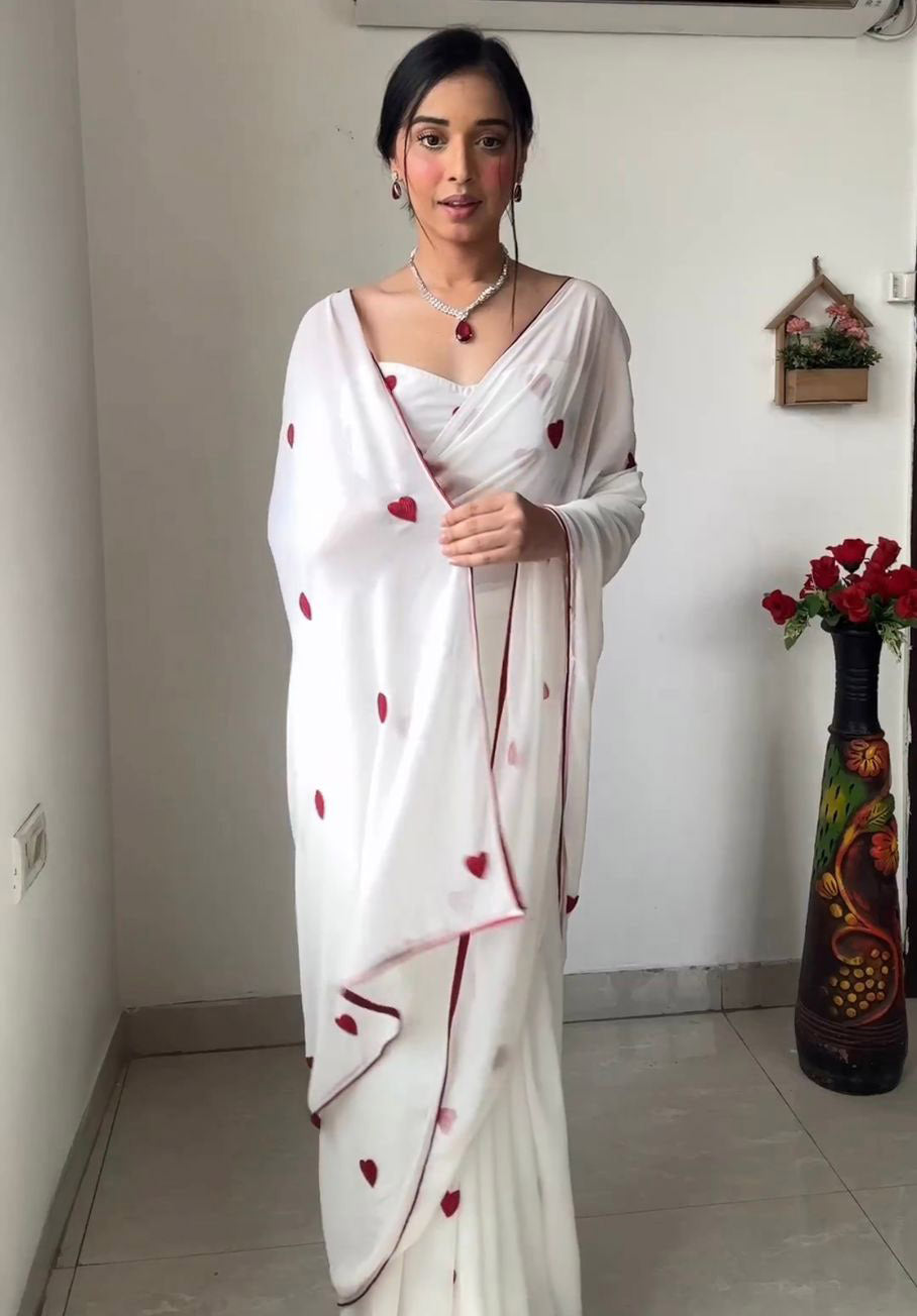 Sequence Heart Shape Work White Ready To Wear Saree