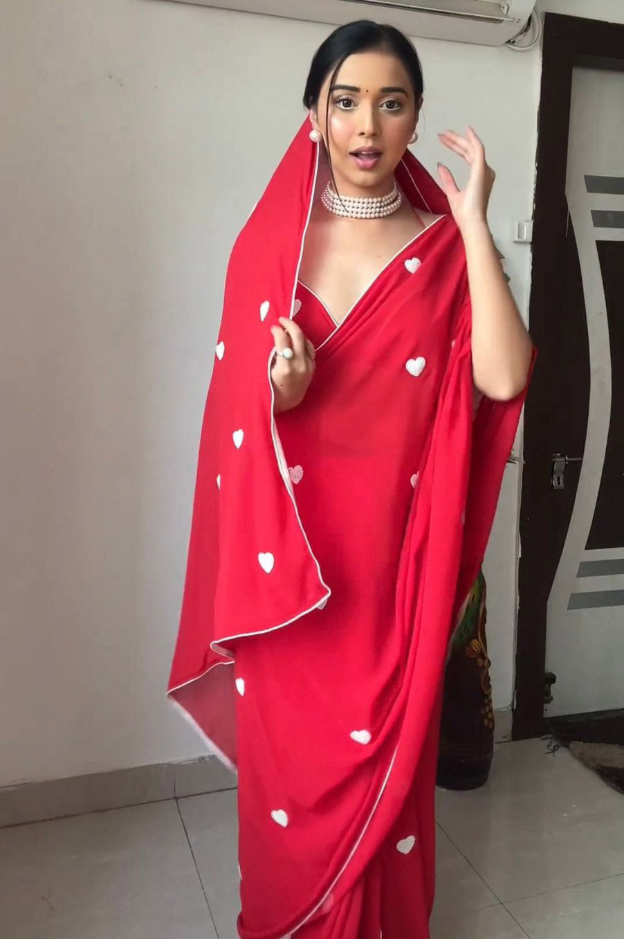 Sequence Heart Design Red Color Ready To Wear Saree
