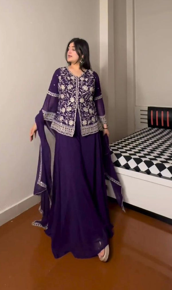 Sequence Thread Work Purple Color Palazzo With Top