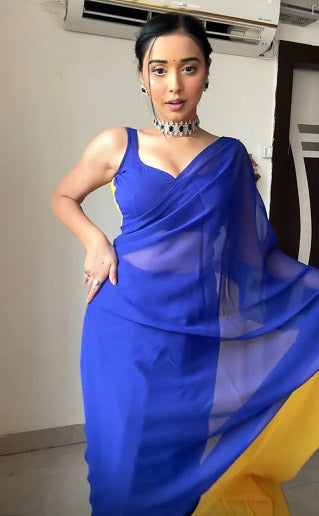 Superhit Blue With Yellow Double Color Ready To Wear Saree