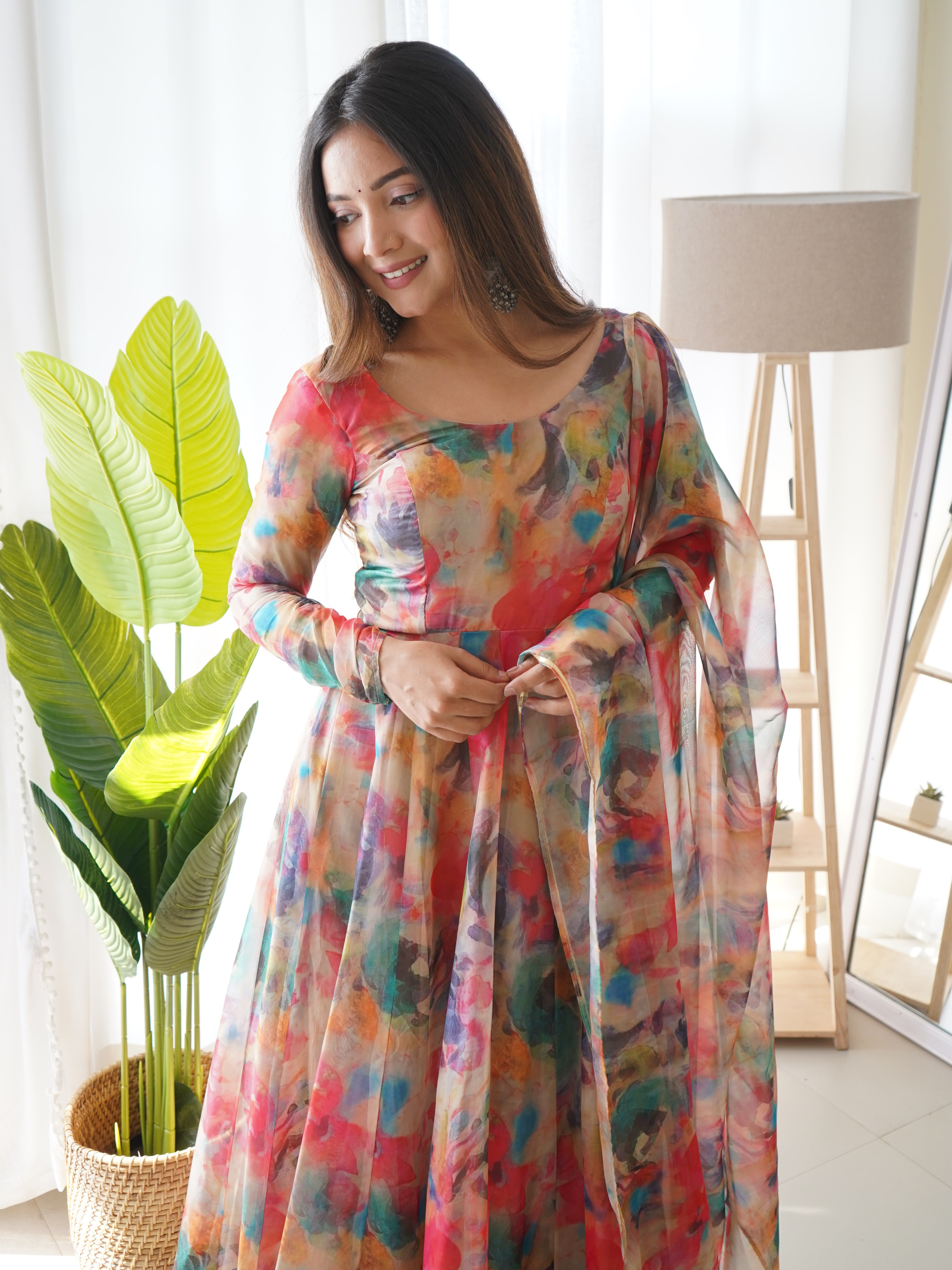 Luxuriant Multi Color Organza Silk Anarkali Suit