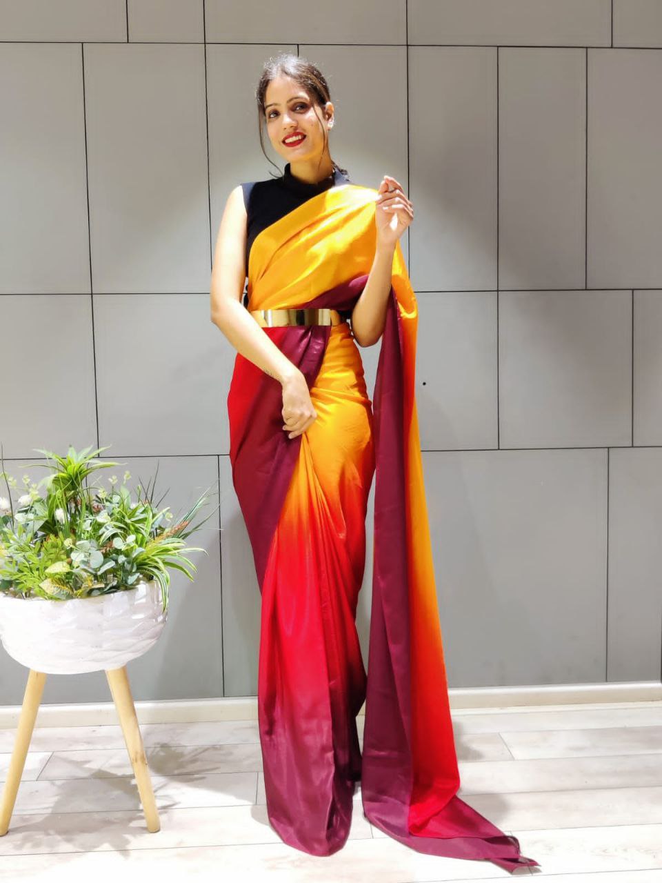 Elegant Ready To Wear Double Tone Yellow Satin Saree