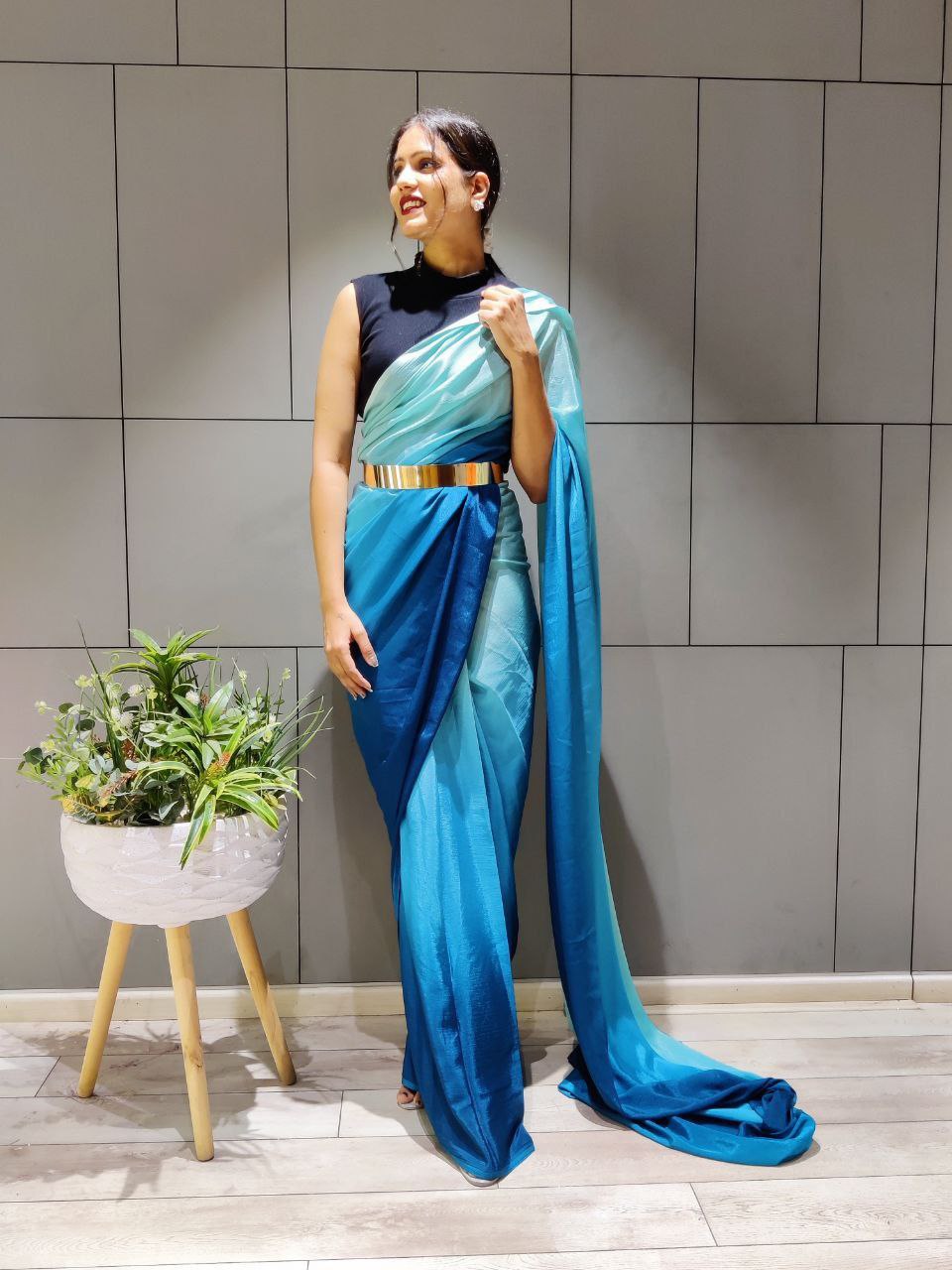 Elegant Ready To Wear Double Tone Sky Blue Satin Saree