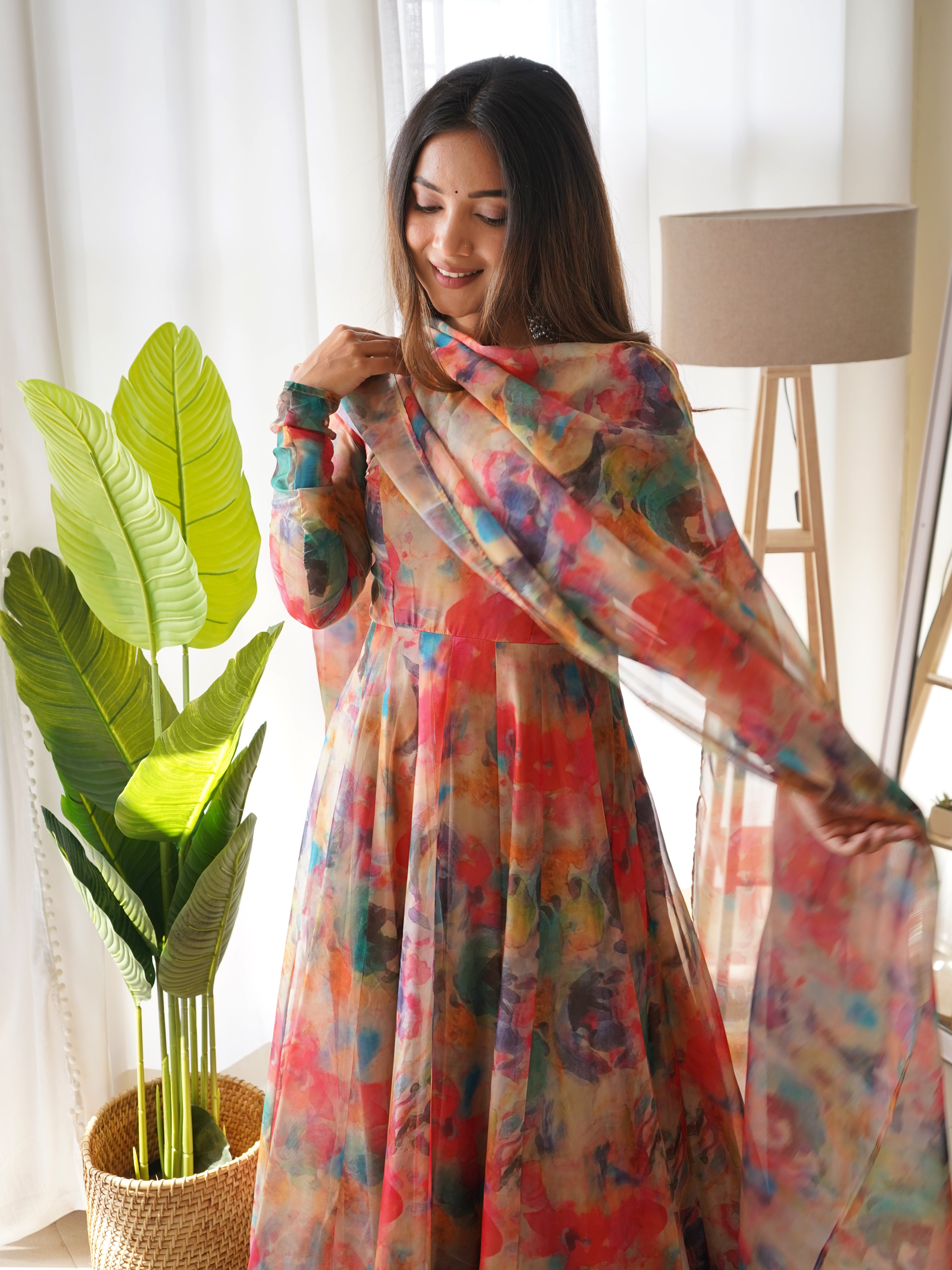 Luxuriant Multi Color Organza Silk Anarkali Suit