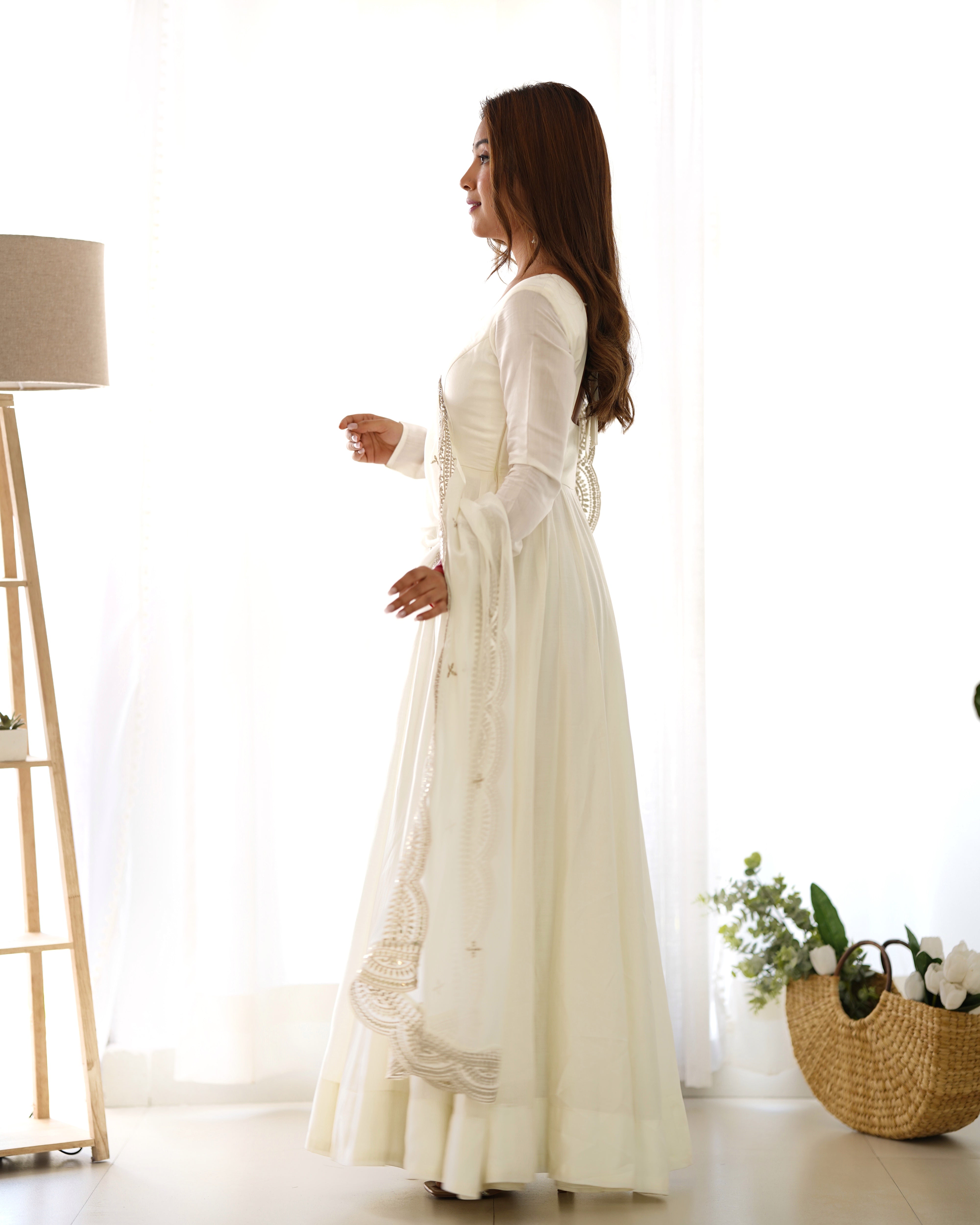 White Color Plain Gown With Work Dupatta