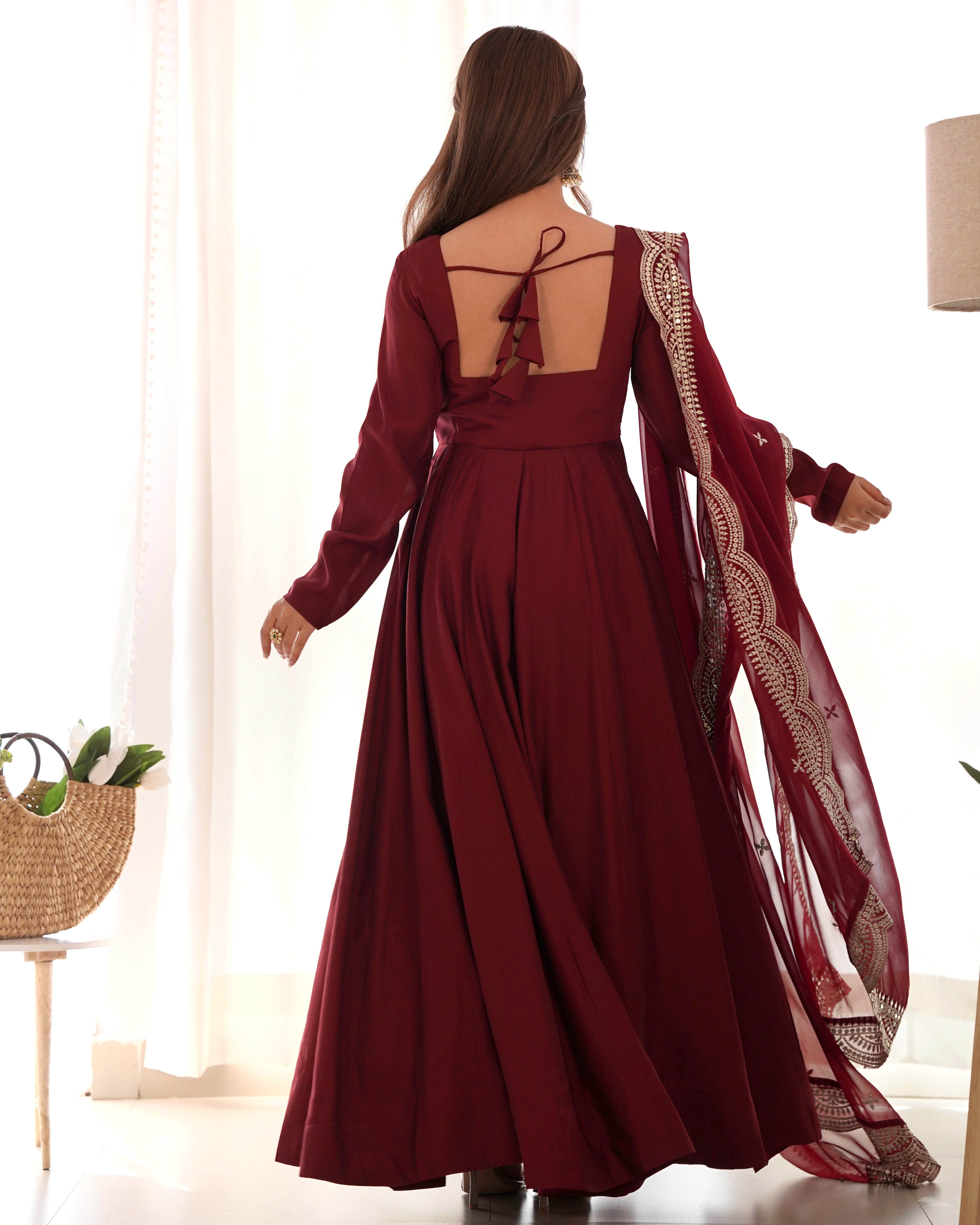 Maroon Color Plain Gown With Work Dupatta
