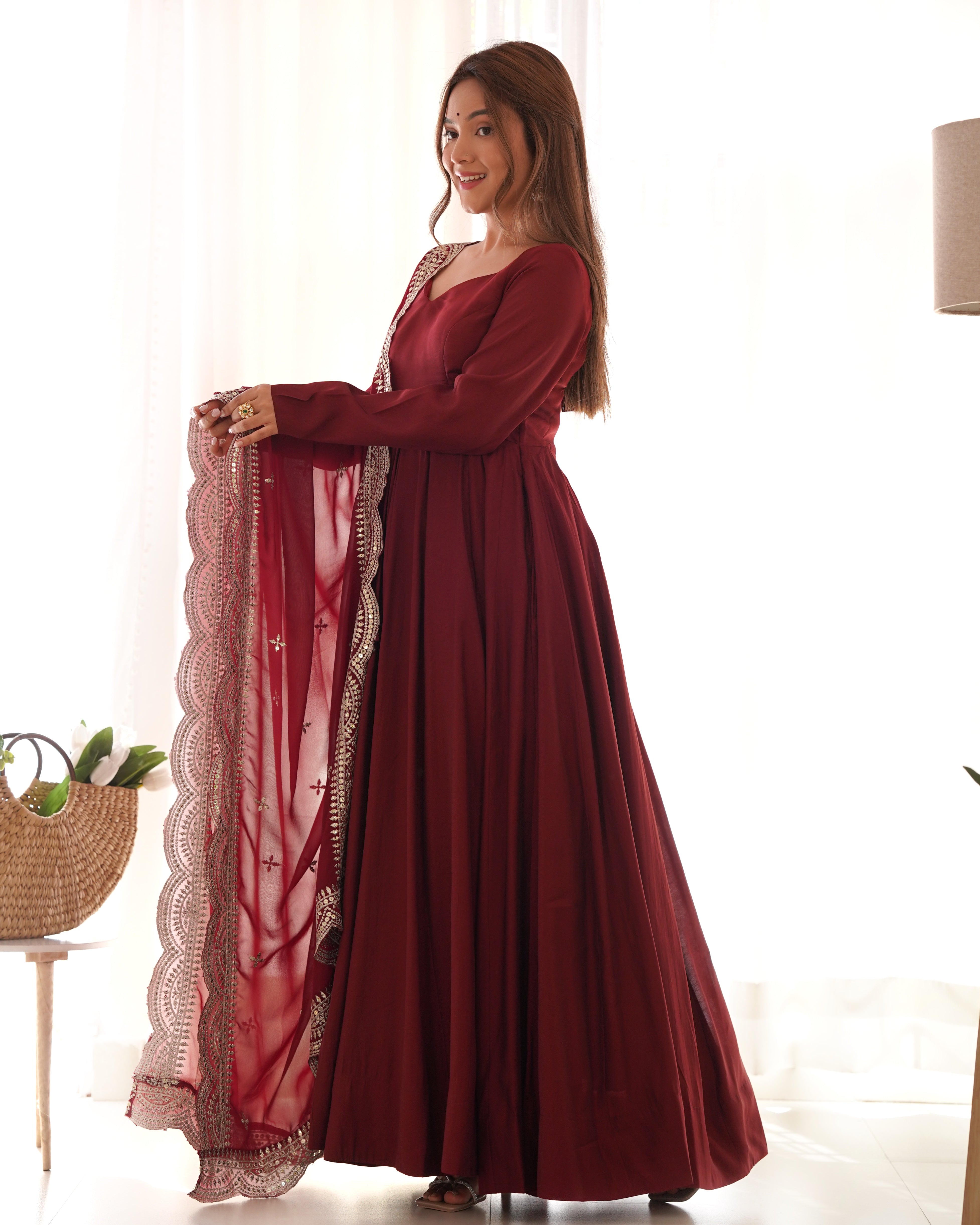Maroon Color Plain Gown With Work Dupatta