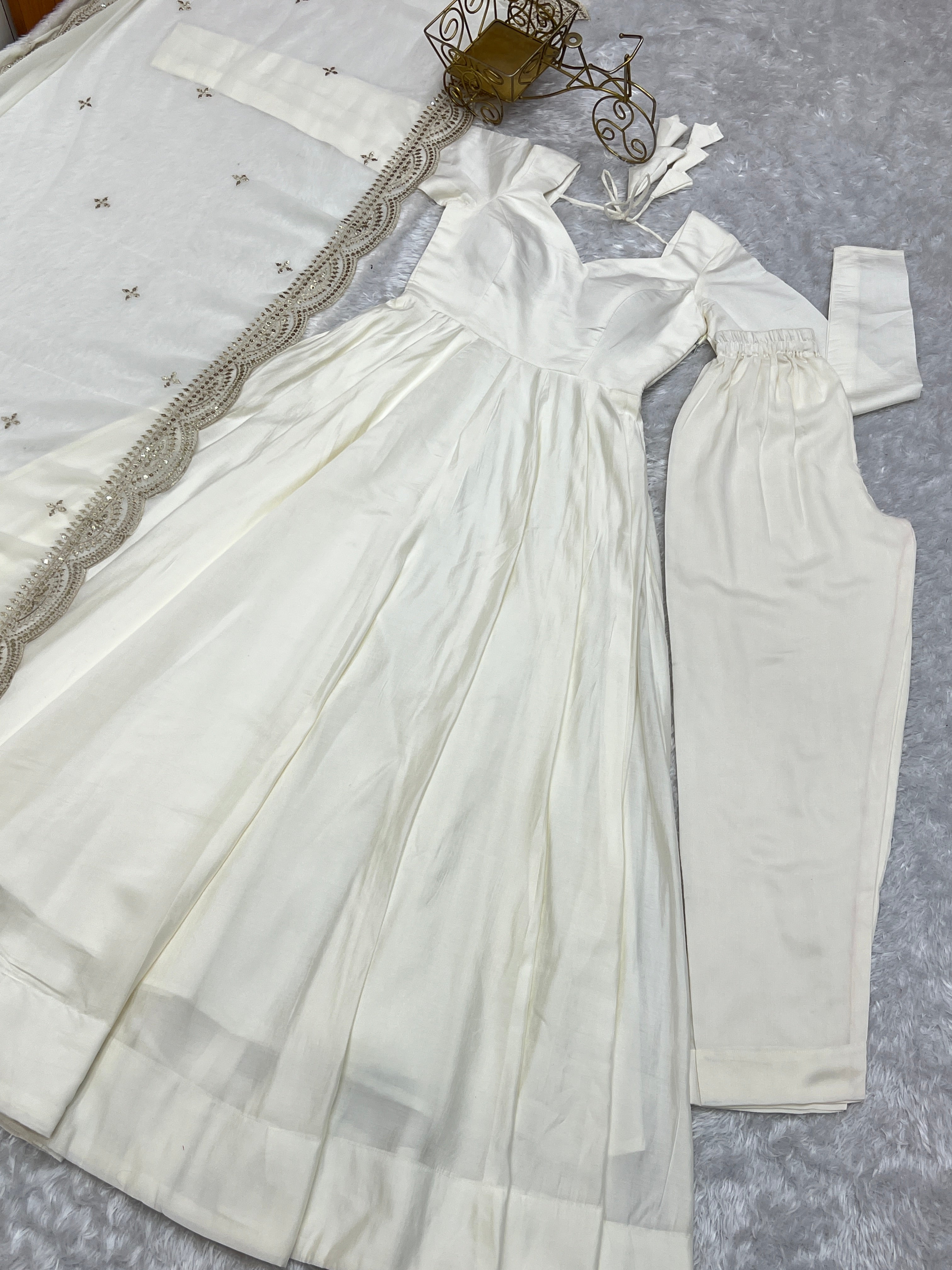 White Color Plain Gown With Work Dupatta