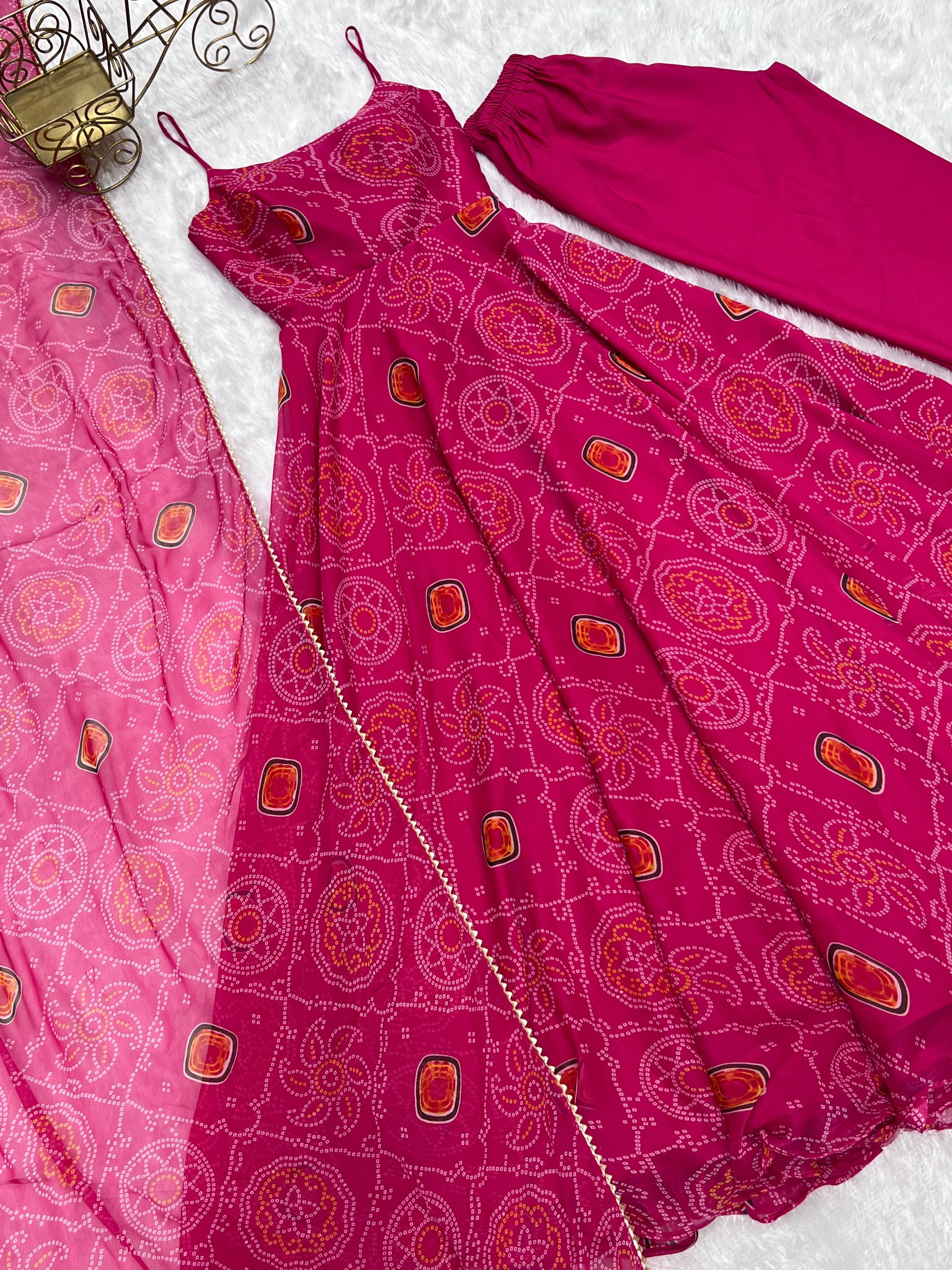 Pretty Pink Color Bandhani Print Anarkali Suit