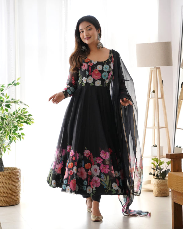 Multi Flower Print Black Color Anarkali Suit