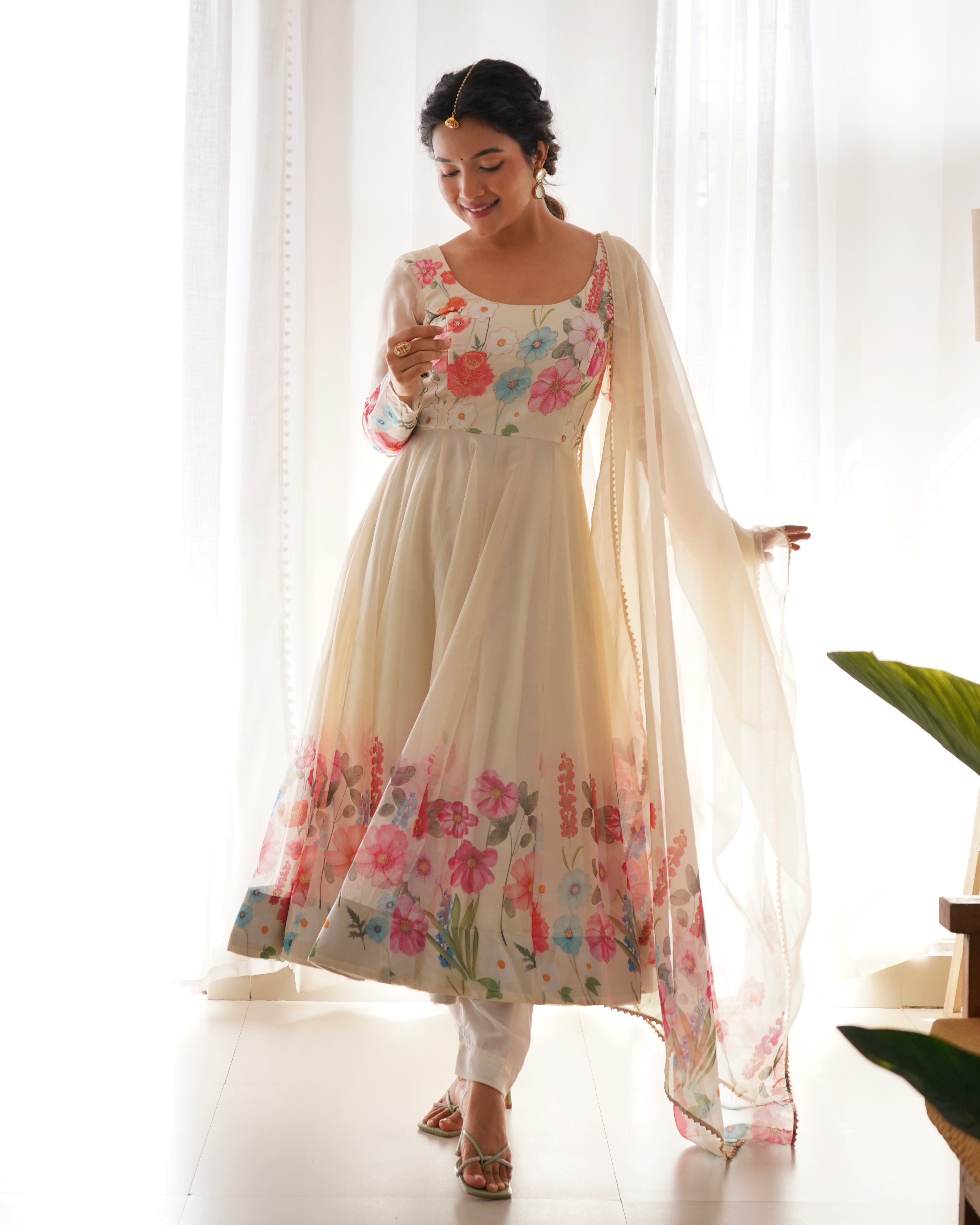 Multi Flower Print Cream Color Anarkali Suit