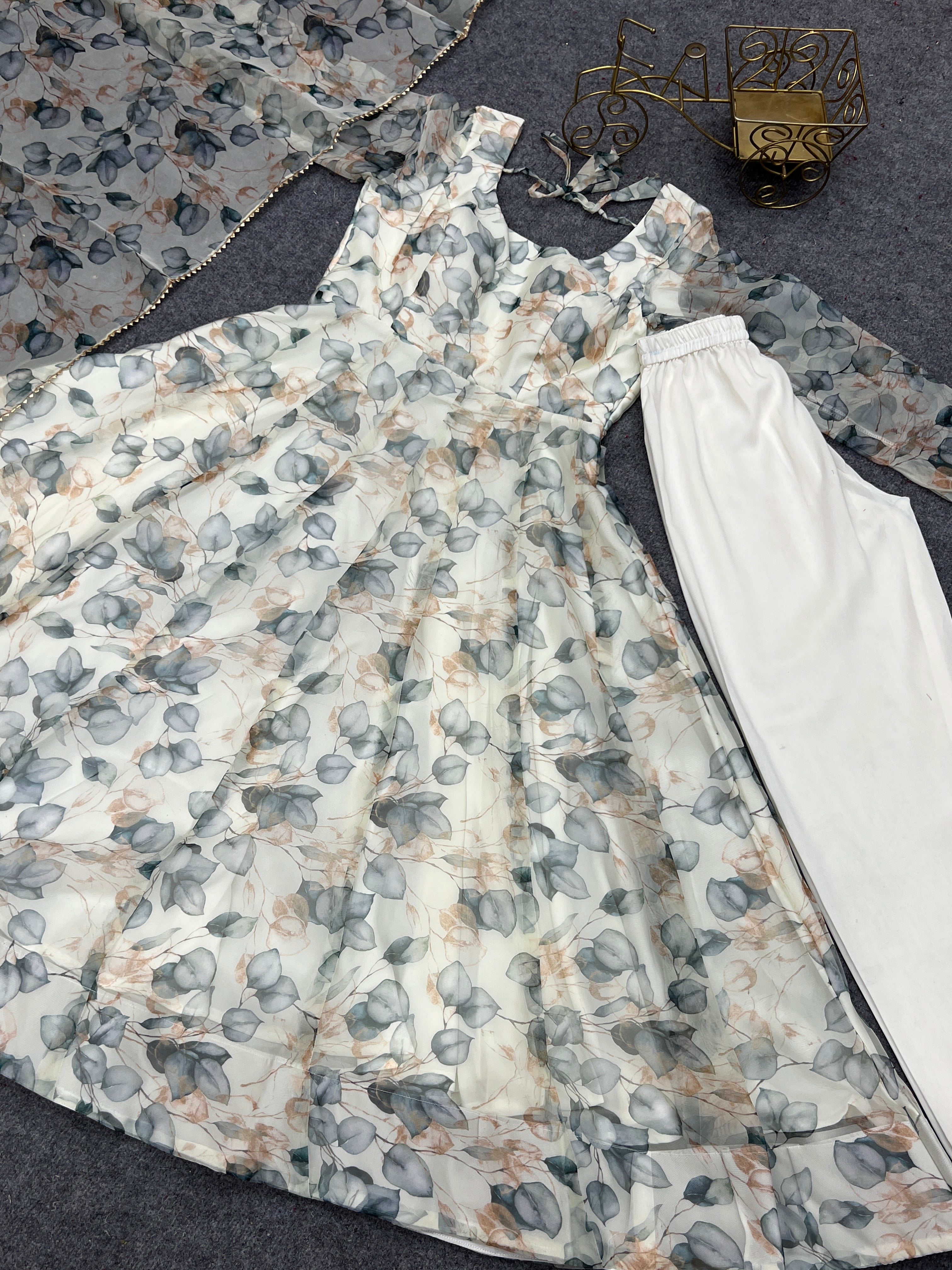 Beautiful Leaf Print Organza White Anarkali Suit
