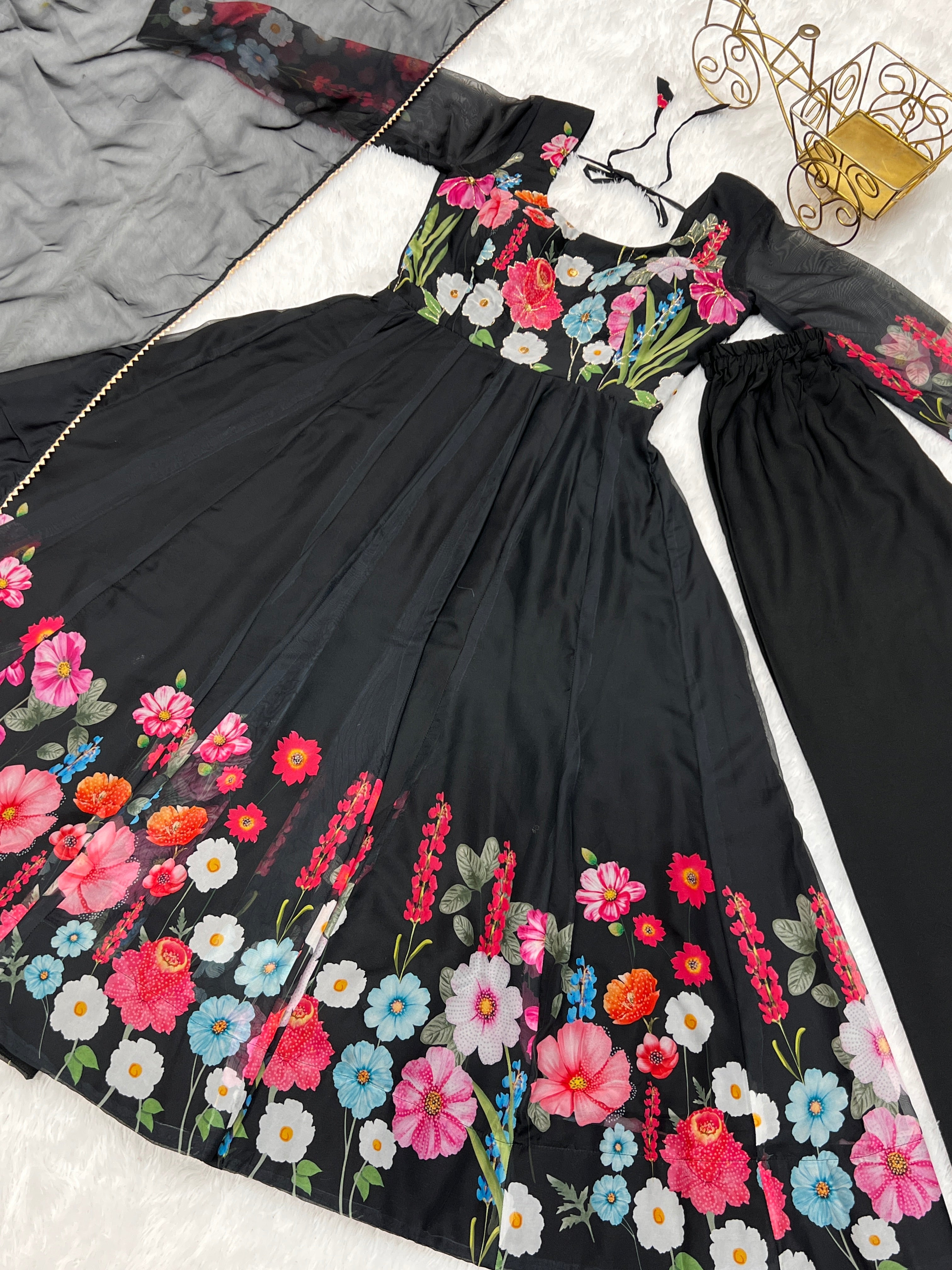 Multi Flower Print Black Color Anarkali Suit