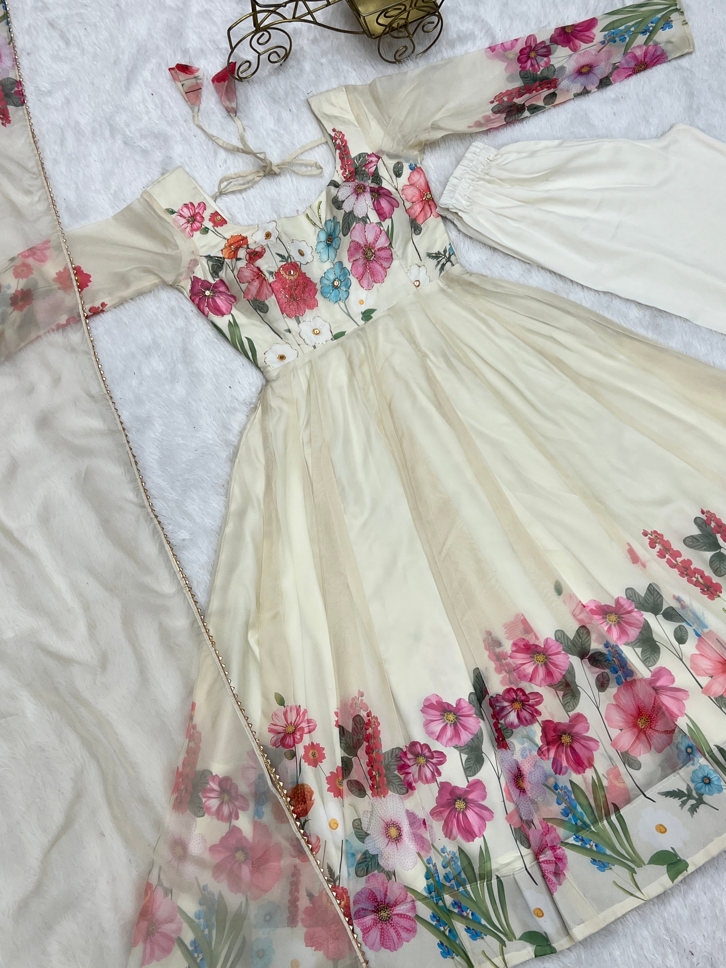 Multi Flower Print Cream Color Anarkali Suit