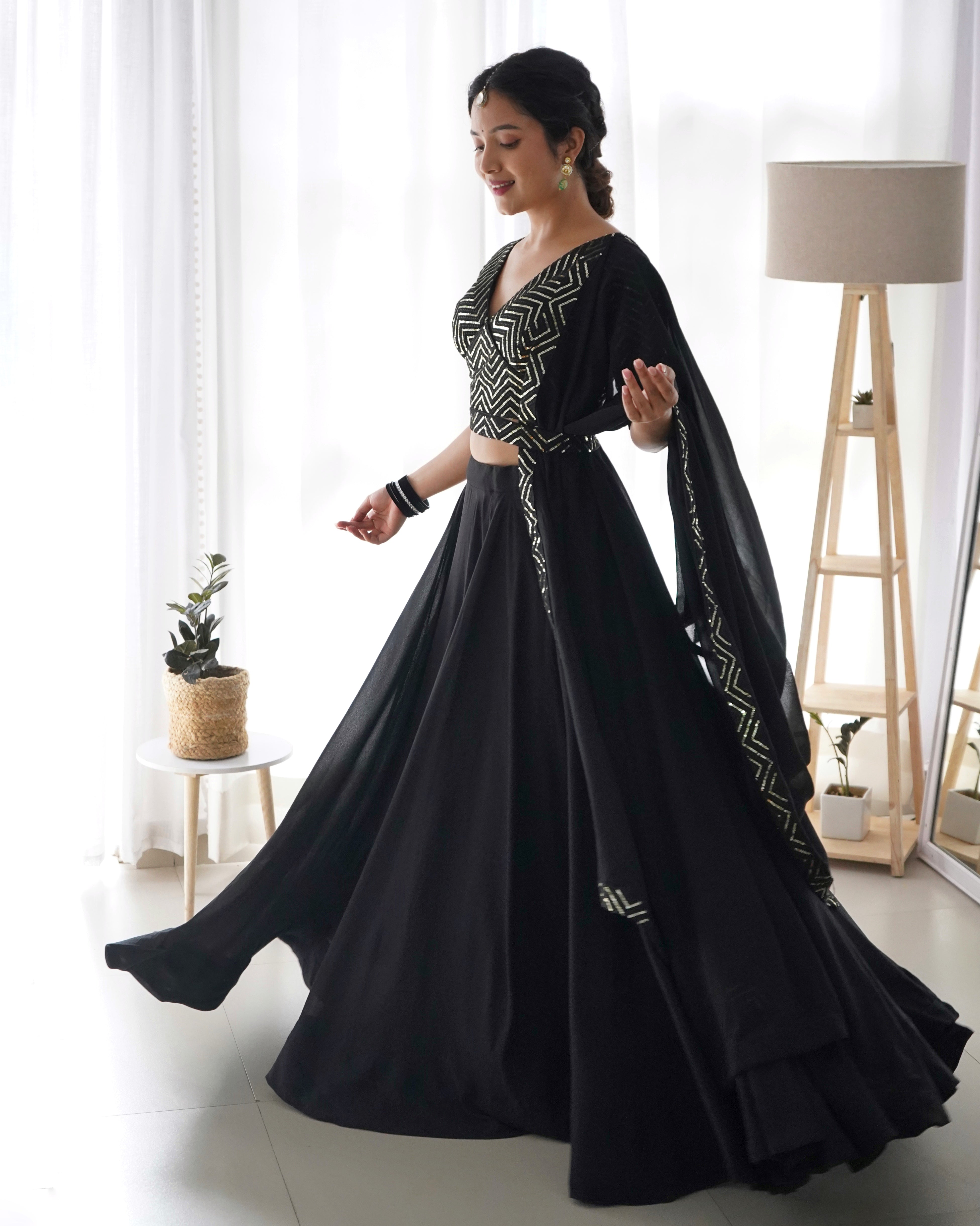 Plain Black Lehenga With Sequence Work Blouse