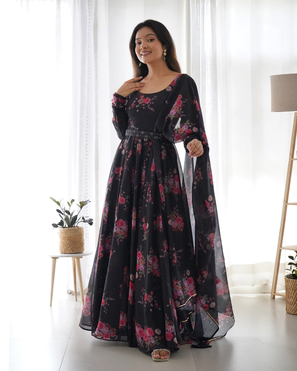 Organza Silk Black Color Gown With Dupatta