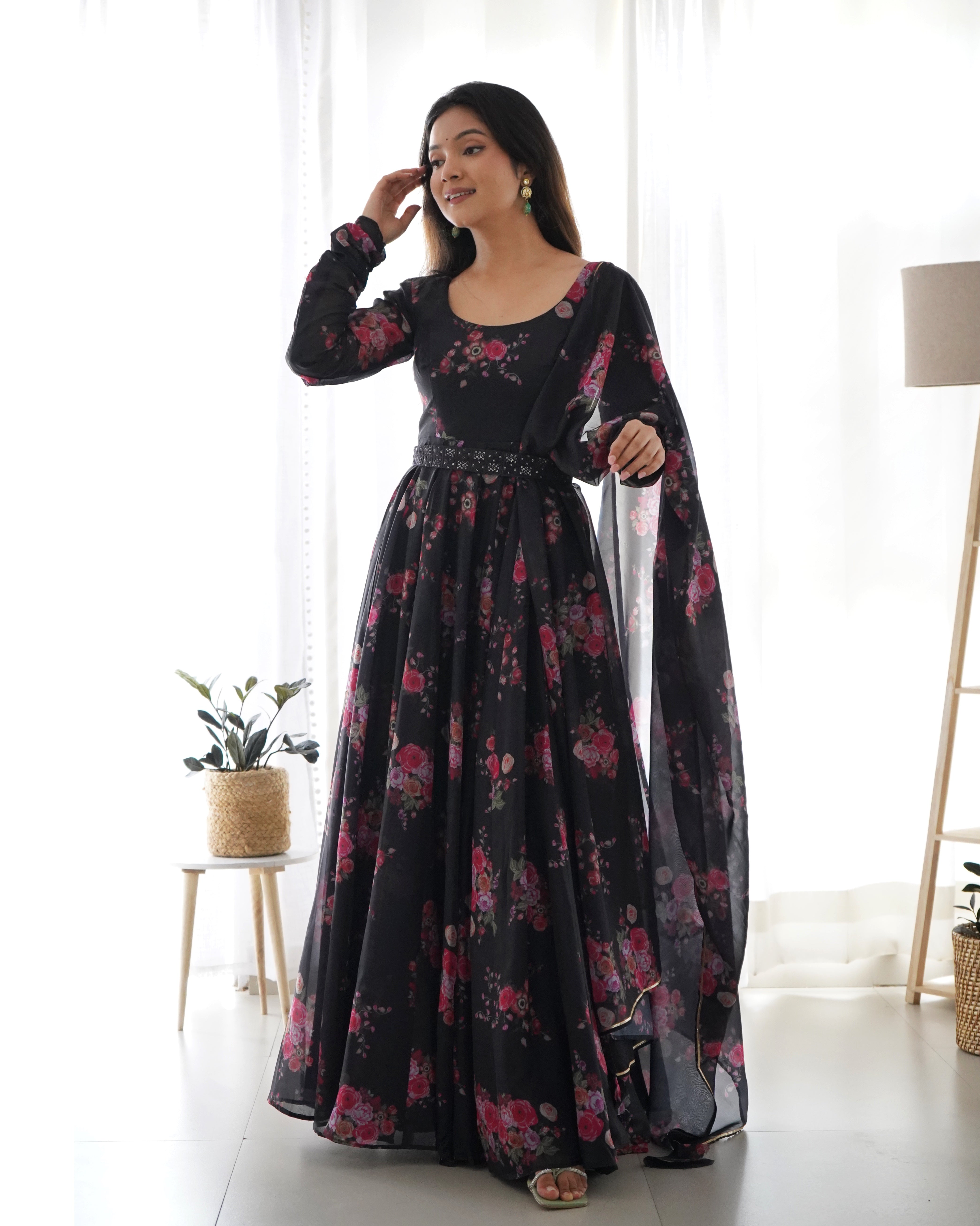 Organza Silk Black Color Gown With Dupatta