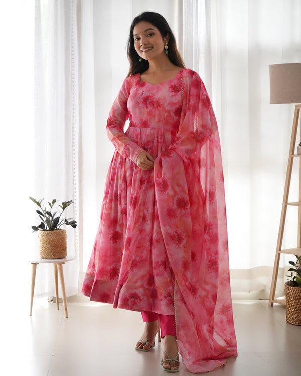 Pink Color Organza Silk Printed Anarkali Suit