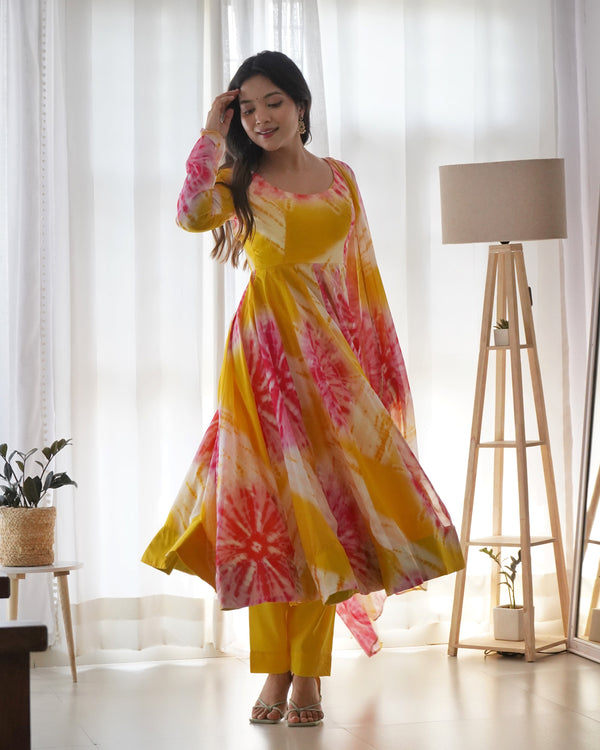 Shibori Print Yellow Color Anarkali Suit